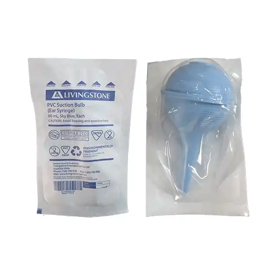 Livingstone Ear Syringe Suction Bulb 60ml PVC Sky Blue Sterile