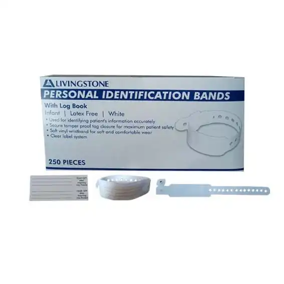 Livingstone White Infant Latex Free Personal Identification Bands with Log Book 250 Box