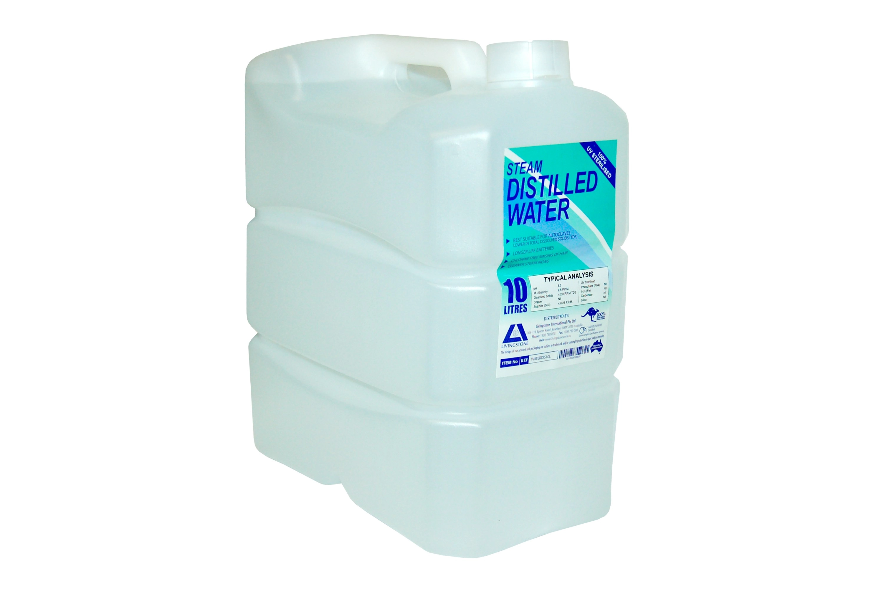 Livingstone Distilled Demineralised Water, 10 Litres, Each