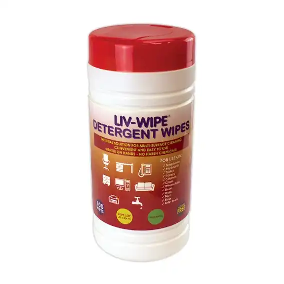 Liv-Wipe Detergent Wipes 20 x 30cm Alcohol Free 100 Tub