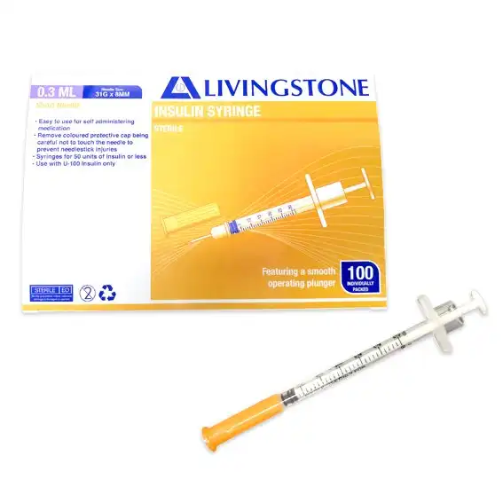 Livingstone Insulin Syringes 0.3ml with White Plunger with Needle 31 Gauge x 0.32 Inch 8mm Sterile 100 Box