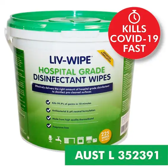 Liv-Wipe Hospital Grade Sanitiser Disinfectant Wipes 20 x 30cm 225 Pail