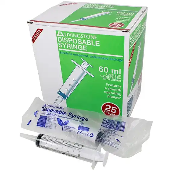 Livingstone Syringe, 60ml, Catheter Tip with Cap, Latex Free, Hypoallergenic, Sterile, 25/Box x18
