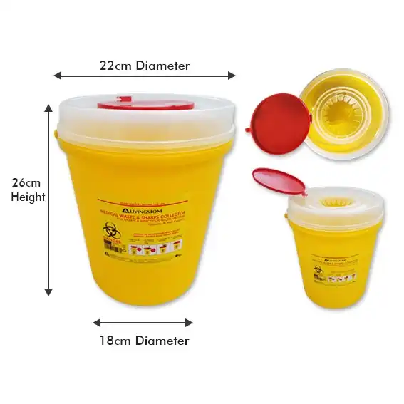 Livingstone Needles Sharps Waste Collector 8L Snap on Lid with Finger Guard Round Plastic Yellow