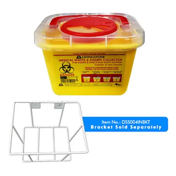 Livingstone Needles Sharps Waste Collector 3L with Screw Lid and Finger Guard Square Plastic Yellow