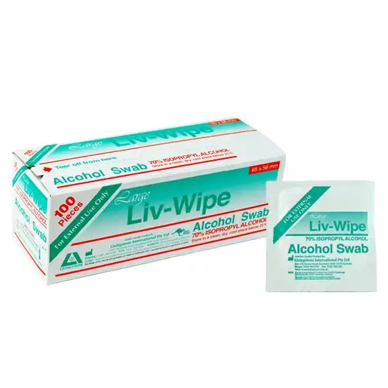 Liv-Wipe Large Antibacterial Alcohol Swabs Prep Pad 70% Isopropyl Alcohol Sanitiser 65 x 56mm 100 Box