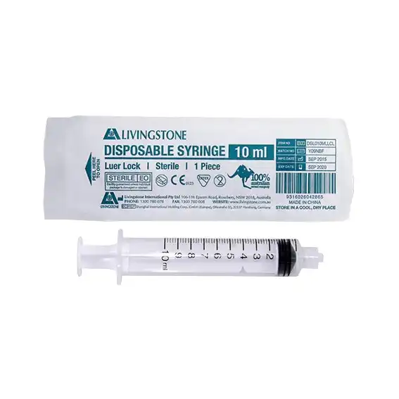 Livingstone Syringe, 10ml, Luer Lock Tip, Latex Free, Hypoallergenic, Sterile, 100/Box x24