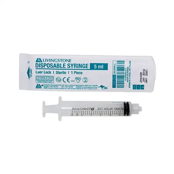 Livingstone Syringe, 5ml, Luer Lock Tip, Latex Free, Hypoallergenic, Sterile, 100/Box x22