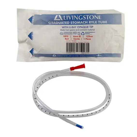 Livingstone Graduated Stomach Duodenal Ryles Tube, with X-Ray Opaque Tip, 18FG, 6mm, 122cm, Sterile, Red Colour, Each
