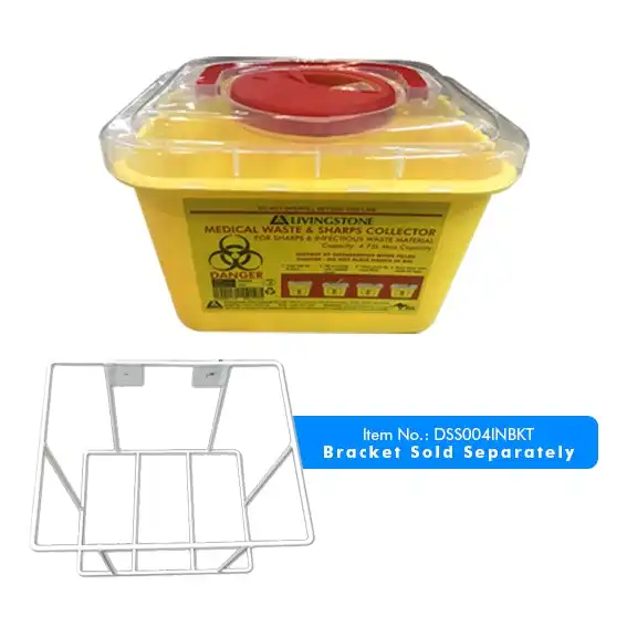Livingstone Needles Sharps Waste Collector 4.75L Rotating Lid & Finger Guard Clear View Top Square Plastic Yellow 10 Carton
