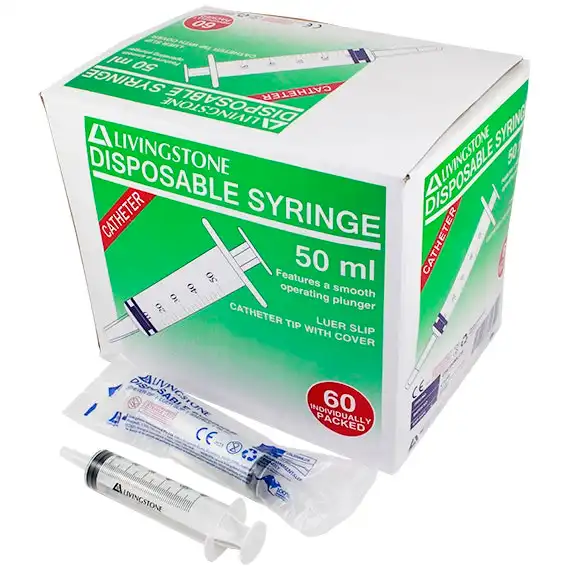 Livingstone Syringe, 50ml, Catheter Tip with Cap, Latex Free, Hypoallergenic, Sterile, 60/Box x6