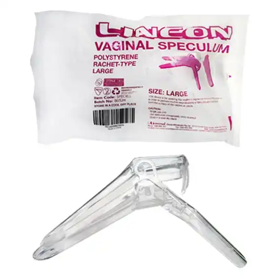Lincon Vaginal Speculum Duckbill Ratchet Action Plastic Sterile Clear Large