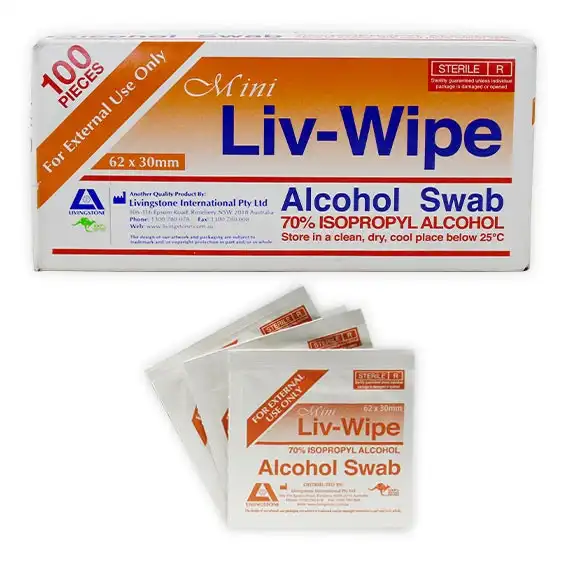 Liv-Wipe Mini Alcohol Swabs Prep Pad 70% Isopropyl Alcohol Sanitiser 62 x 30mm Gamma Sterilised 100 Box x50