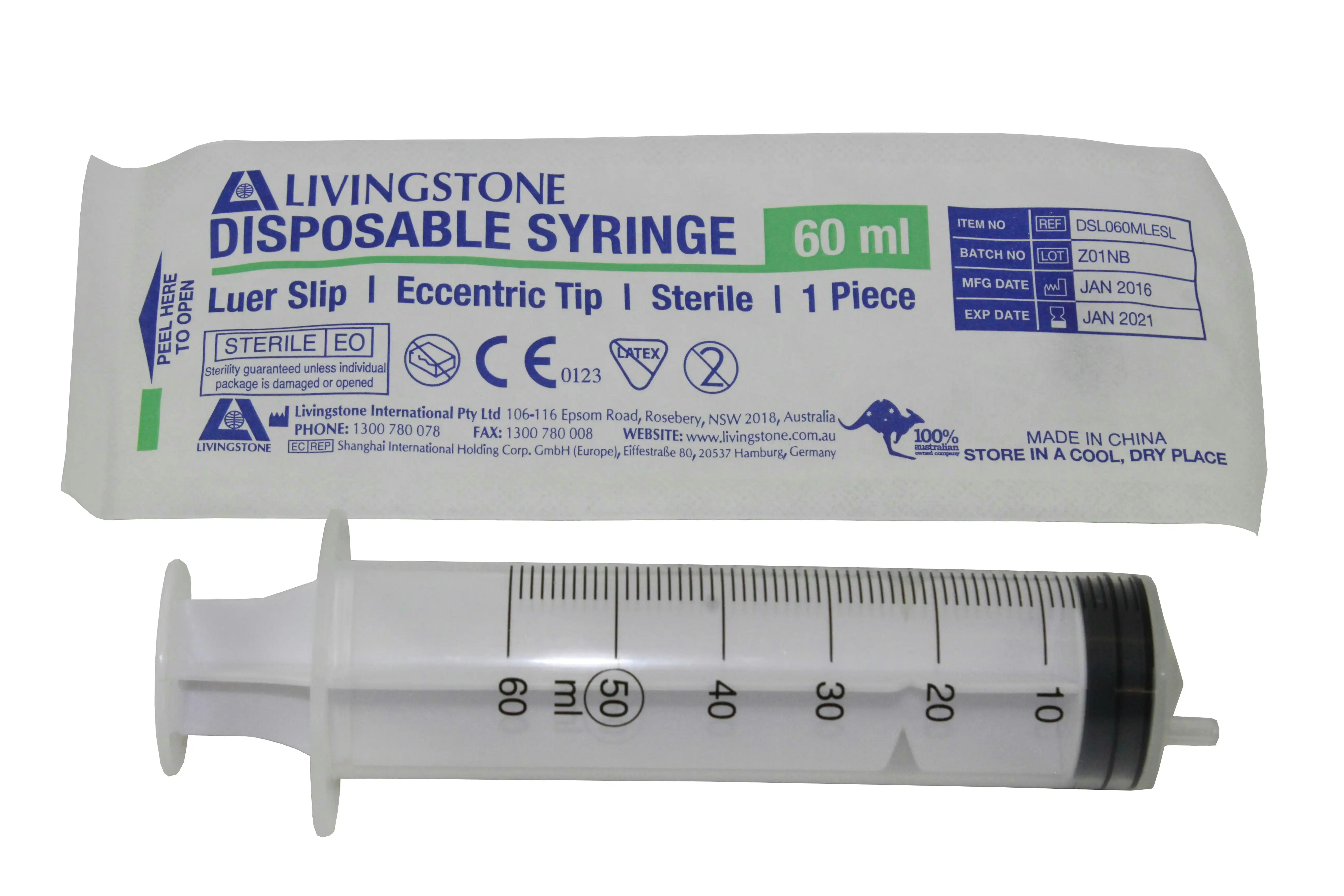 Livingstone Syringe, 60ml, Luer Slip Tip, Eccentric Off Centre Nozzle, Latex Free, Hypoallergenic, Sterile, 25/Box x12