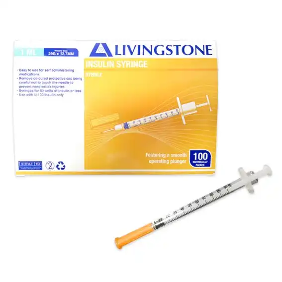 Livingstone Insulin Syringes 1ml with White Plunger with Needle 29 Gauge x 0.5 Inch 12.7mm Sterile 100 Box