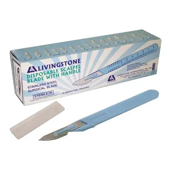 Livingstone Disposable Scalpel Stainless Steel Blade Size 21 Attached to Handle Sterile 10 Box
