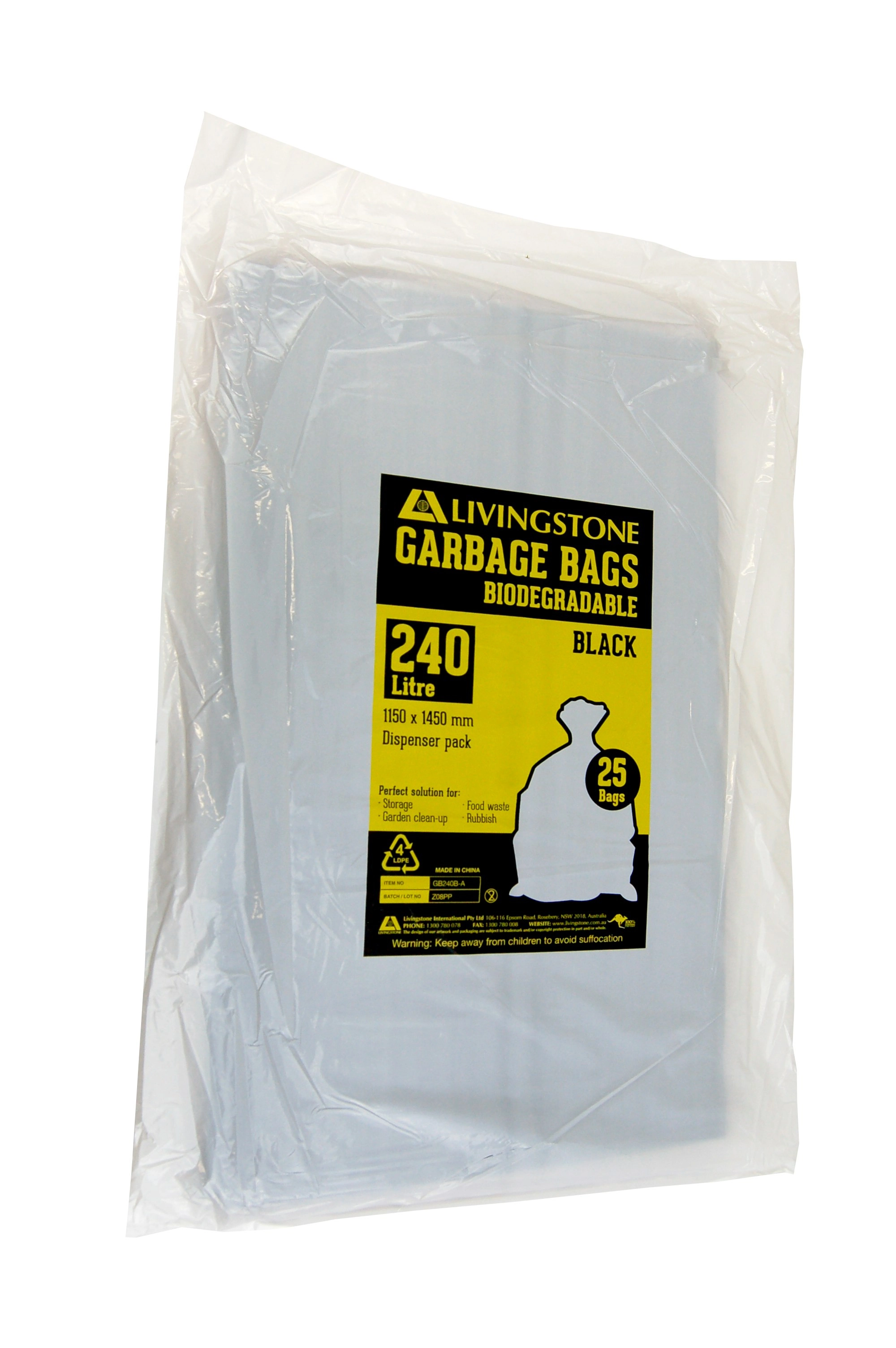 Livingstone Garbage Bag Bin Liner HDPE Star Seal Black 240L 115 x 145cm 20um 200 Carton