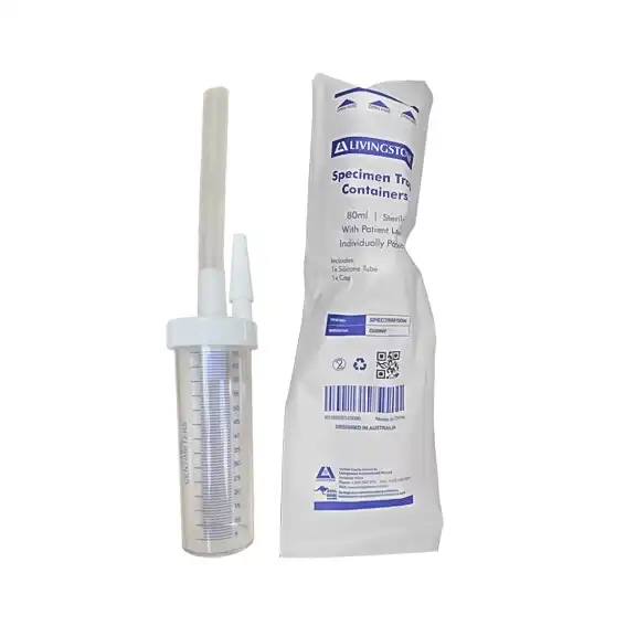 Livingstone Specimen Trap Containers with Silicone Tube, 80ml, Printed 70ml, with Cap and Patient Label, Sterile, 50/BX