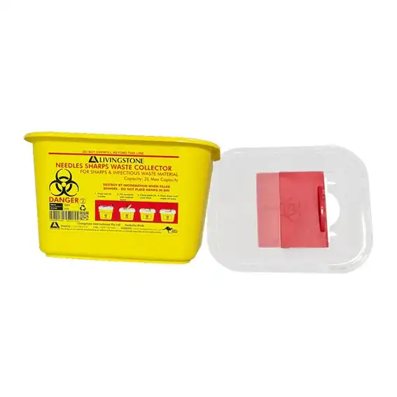 Livingstone Needles Sharps Waste Collector 2L with Screw Lid & Finger Guard Square Plastic Yellow 10 Carton