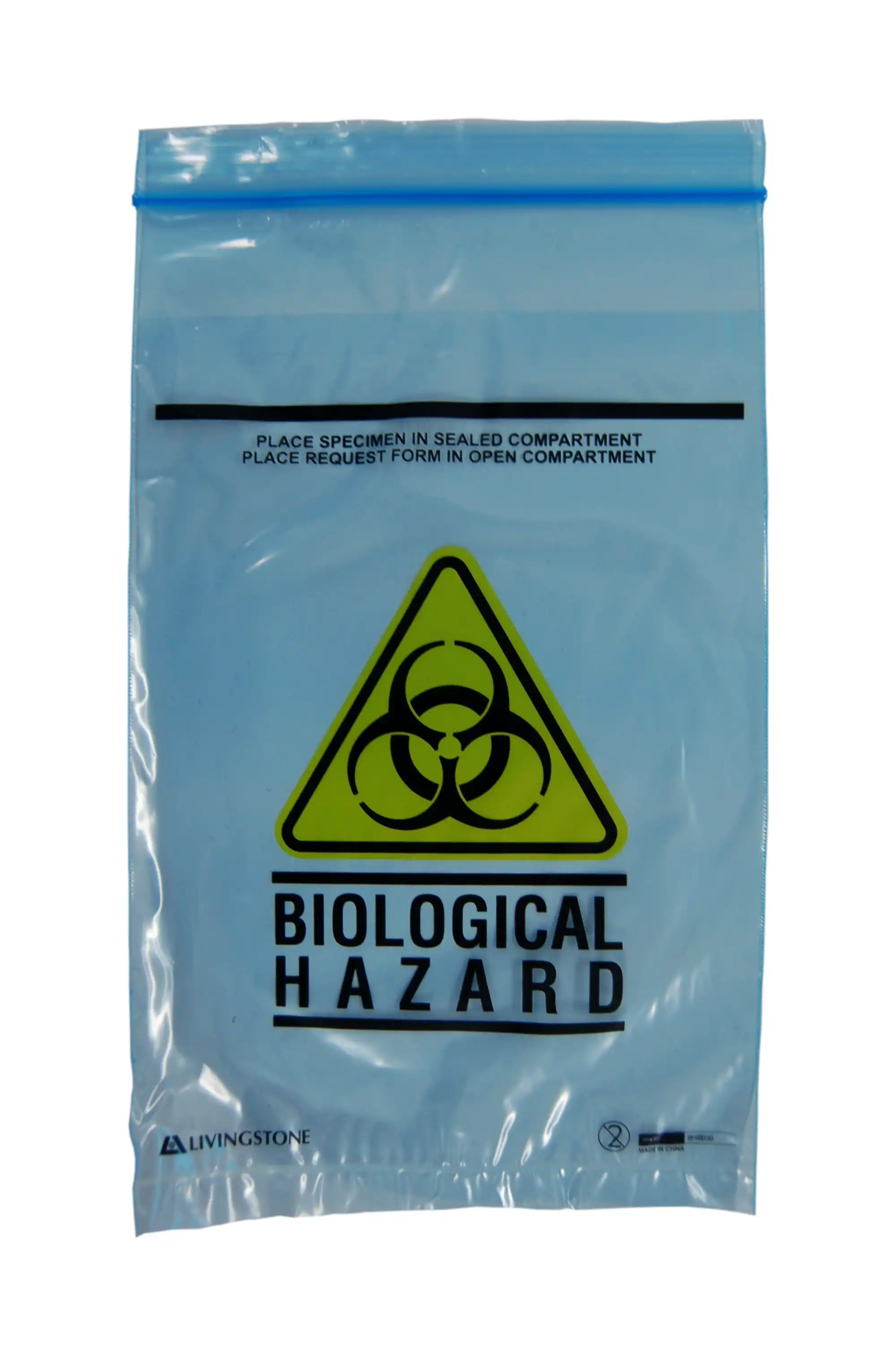 Livingstone Biohazard Specimen Bag, 16x24.5cm, 3-Ply, 2 Compts, Zip Compt, 2-Ply, 45um, Pouch Compt, 1-Ply, 32um, Blue Tint, 2000/Ctn x3