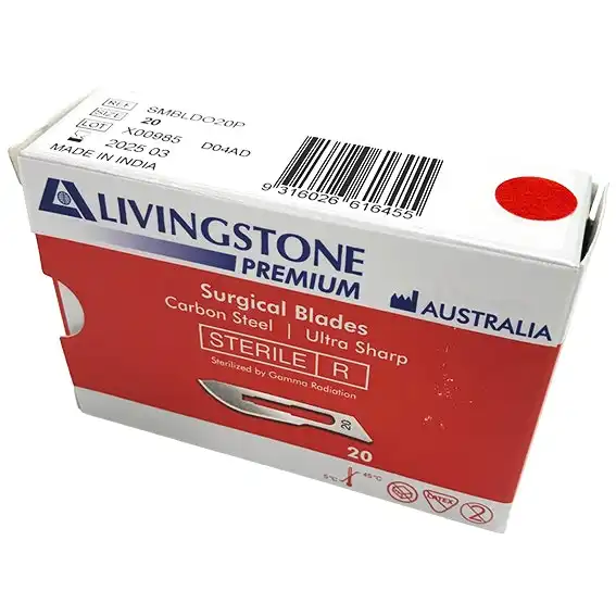 Livingstone Premium Surgical Scalpel Blade Carbon Steel Size 20 Sterile 100 Box