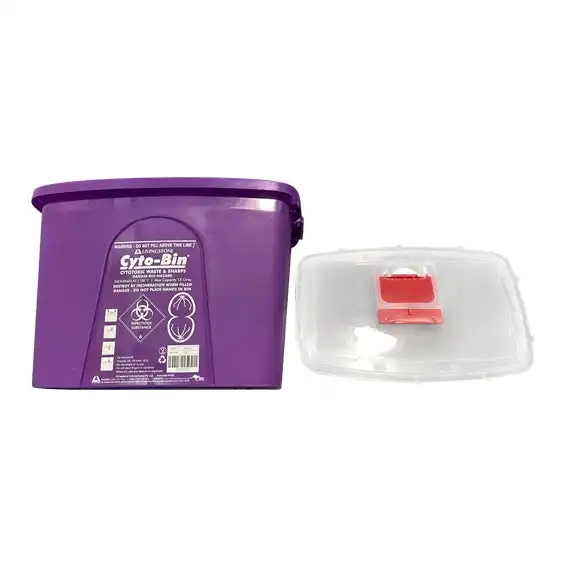 Livingstone Cytotoxic Purple Sharps Needles Waste Collector 15L Sliding Lid and Finger Guard Translucent Cover Square Plastic