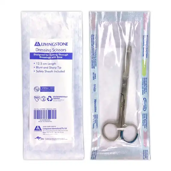 Livingstone Dressing Surgical Scissors Sterile 12.5cm Sharp/Blunt Straight Stainless Steel Peel Pack