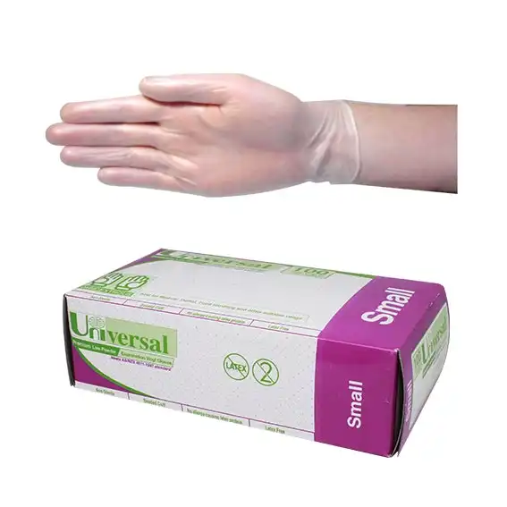 Universal Vinyl Low Powder Gloves 5.5g Small Clear 100 Box x10