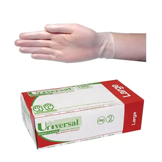 Universal Vinyl Low Powder Gloves 6.5g Large Clear 100 Box