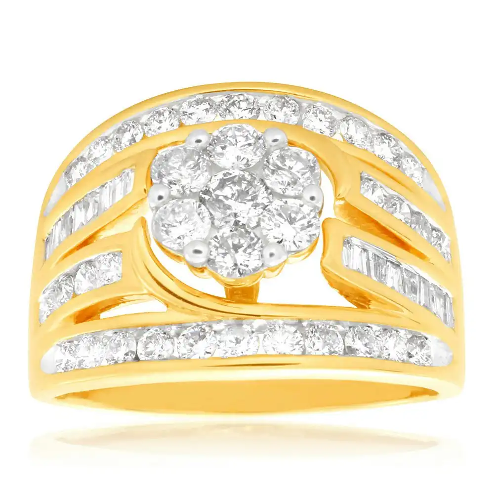 9ct Yellow Gold 2 Carat Diamond Ring with Beautiful Brilliant and Tapered Diamonds