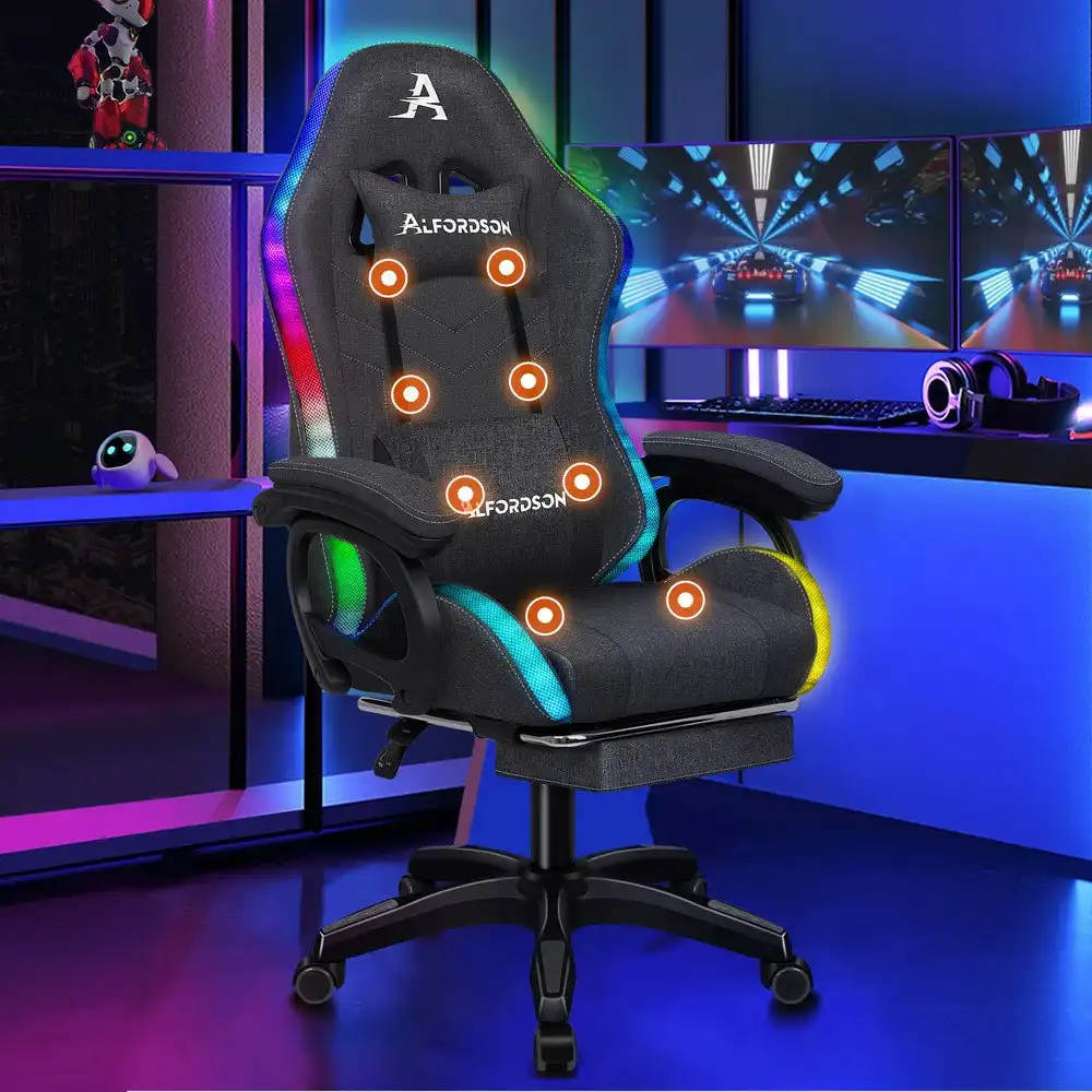 Alfordson LED Gaming Chair Office with 8-Point Massage Fabric Grey