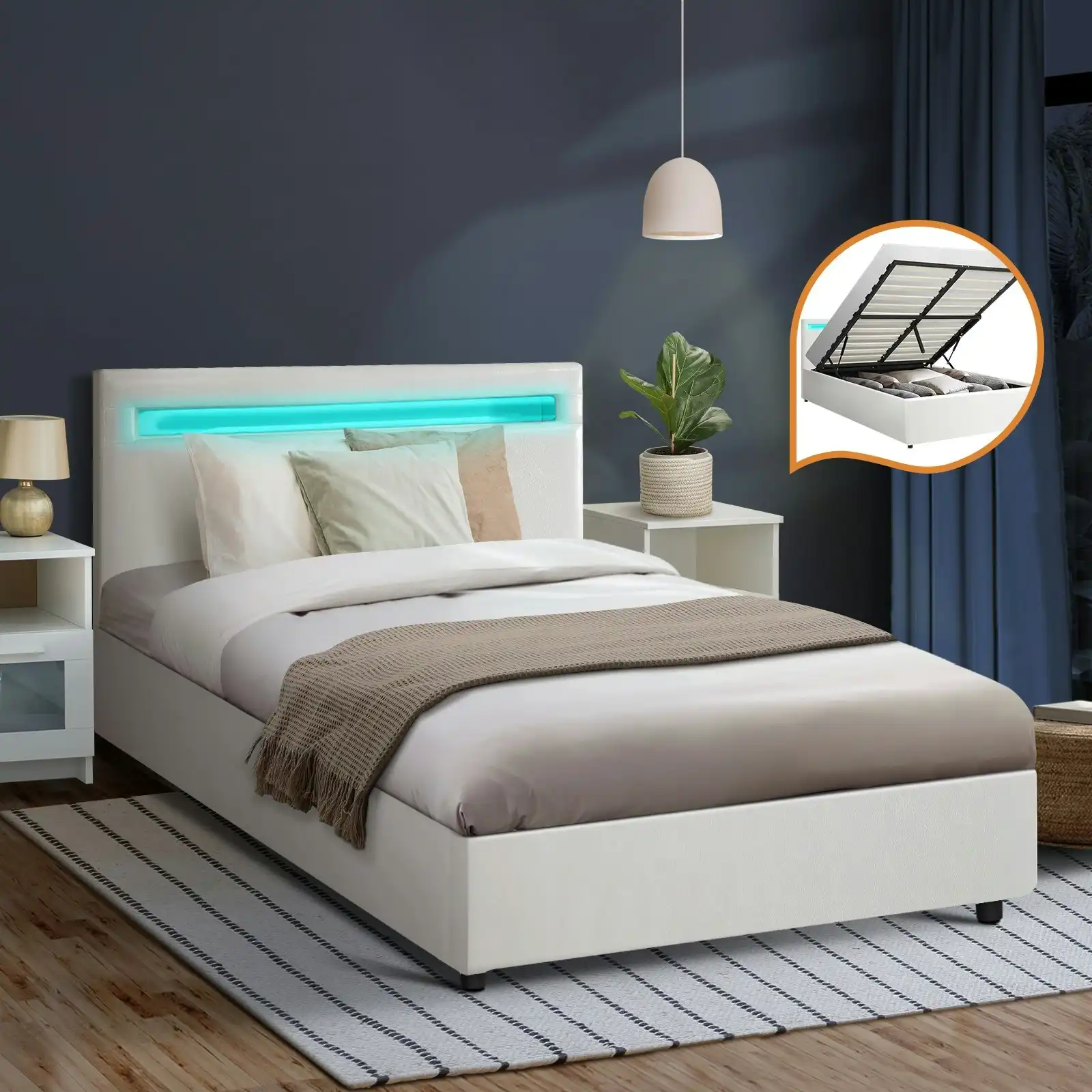 Oikiture Bed Frame King Single RGB LED Gas Lift Storage Base White