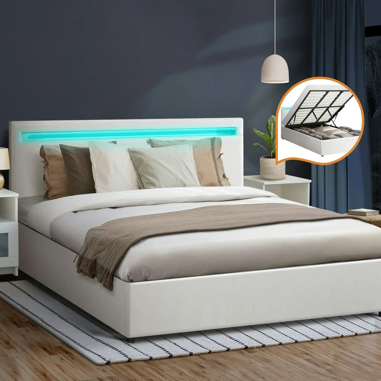 Oikiture Bed Frame King Size RGB LED Gas Lift Storage Base White
