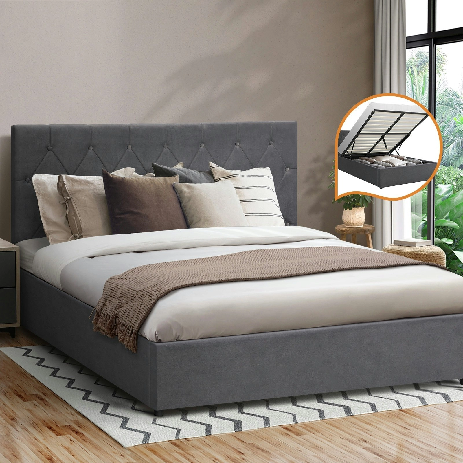 Oikiture Bed Frame Double Size Gas Lift Grey Velvet COTI