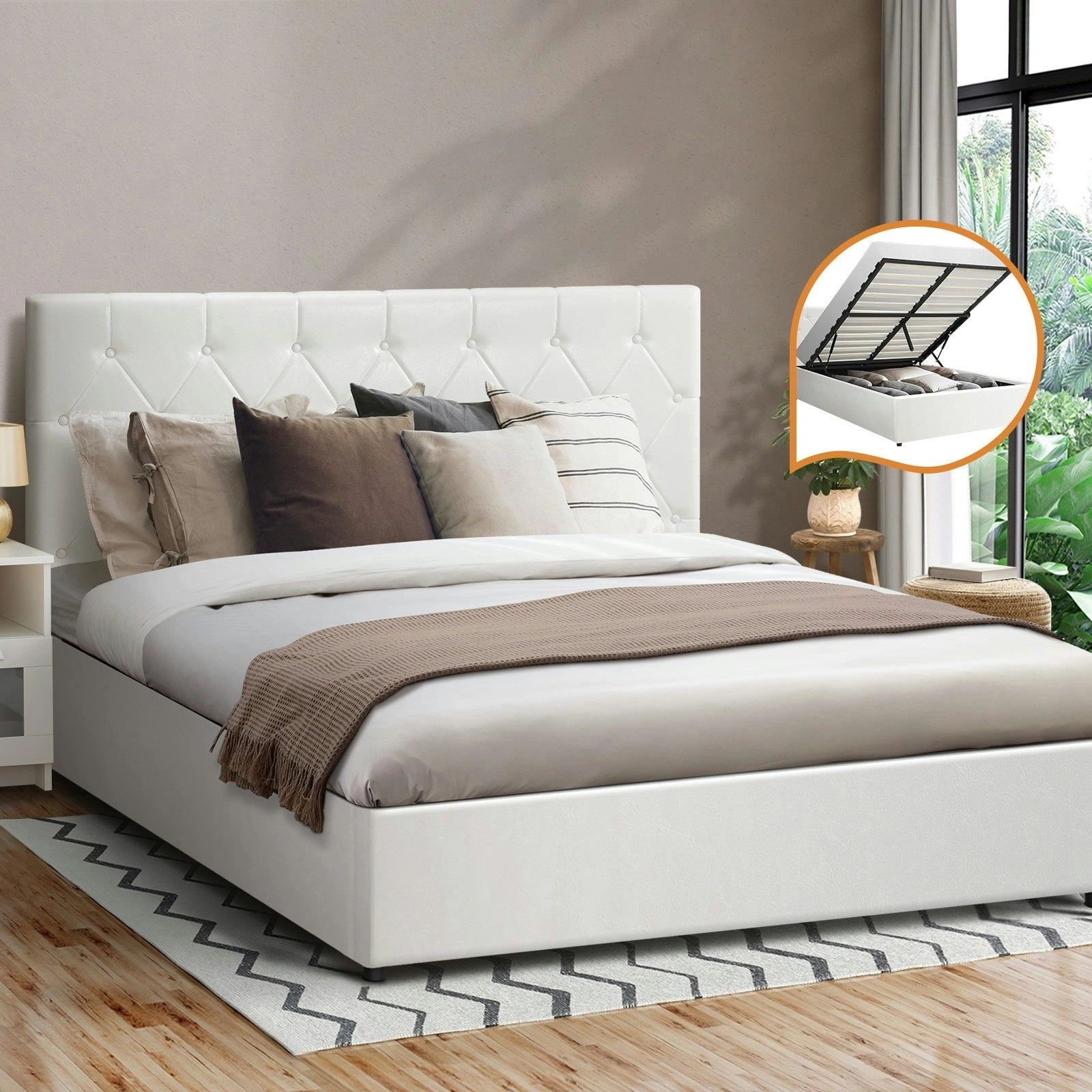 Oikiture Bed Frame Queen Size Gas Lift White Leather COTI