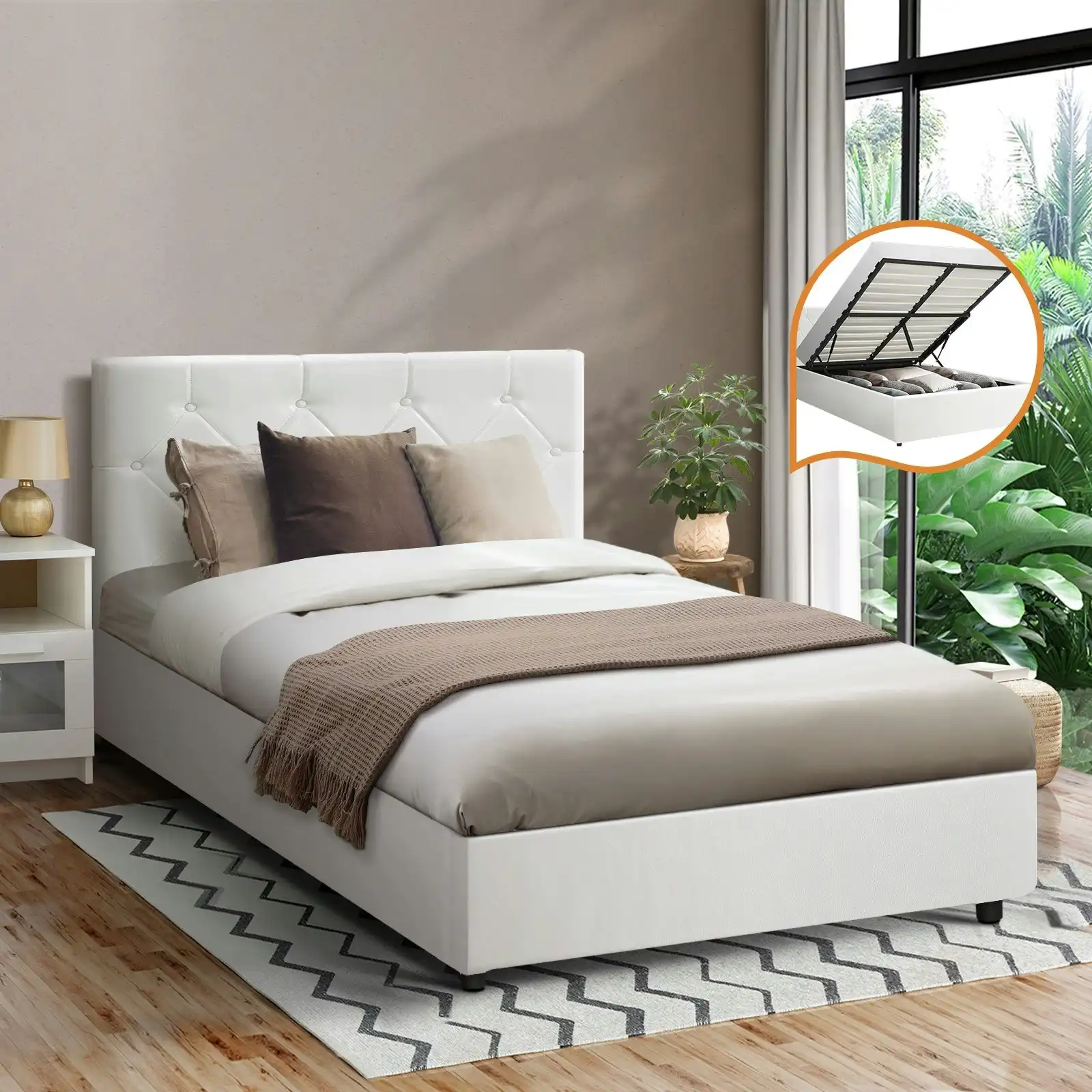 Oikiture Bed Frame King Single Gas Lift White Leather COTI