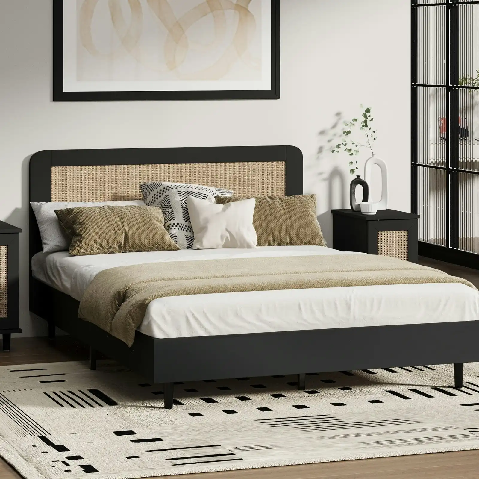 Oikiture Bed Frame Wooden Bed Frame Black-Queen