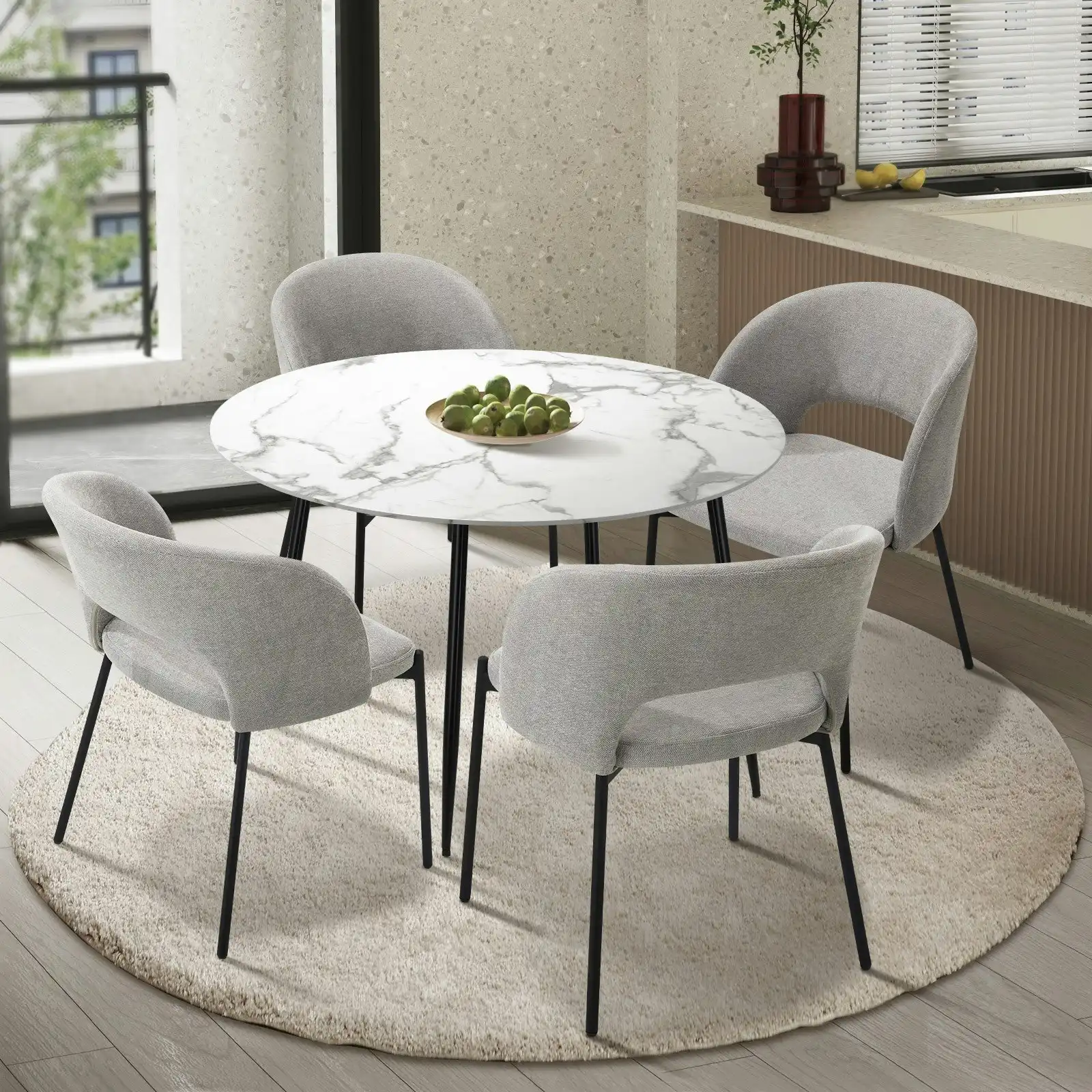 Oikiture 5PCS Dining sets 110cm Round Table with 4PCS Chairs Fabric Grey
