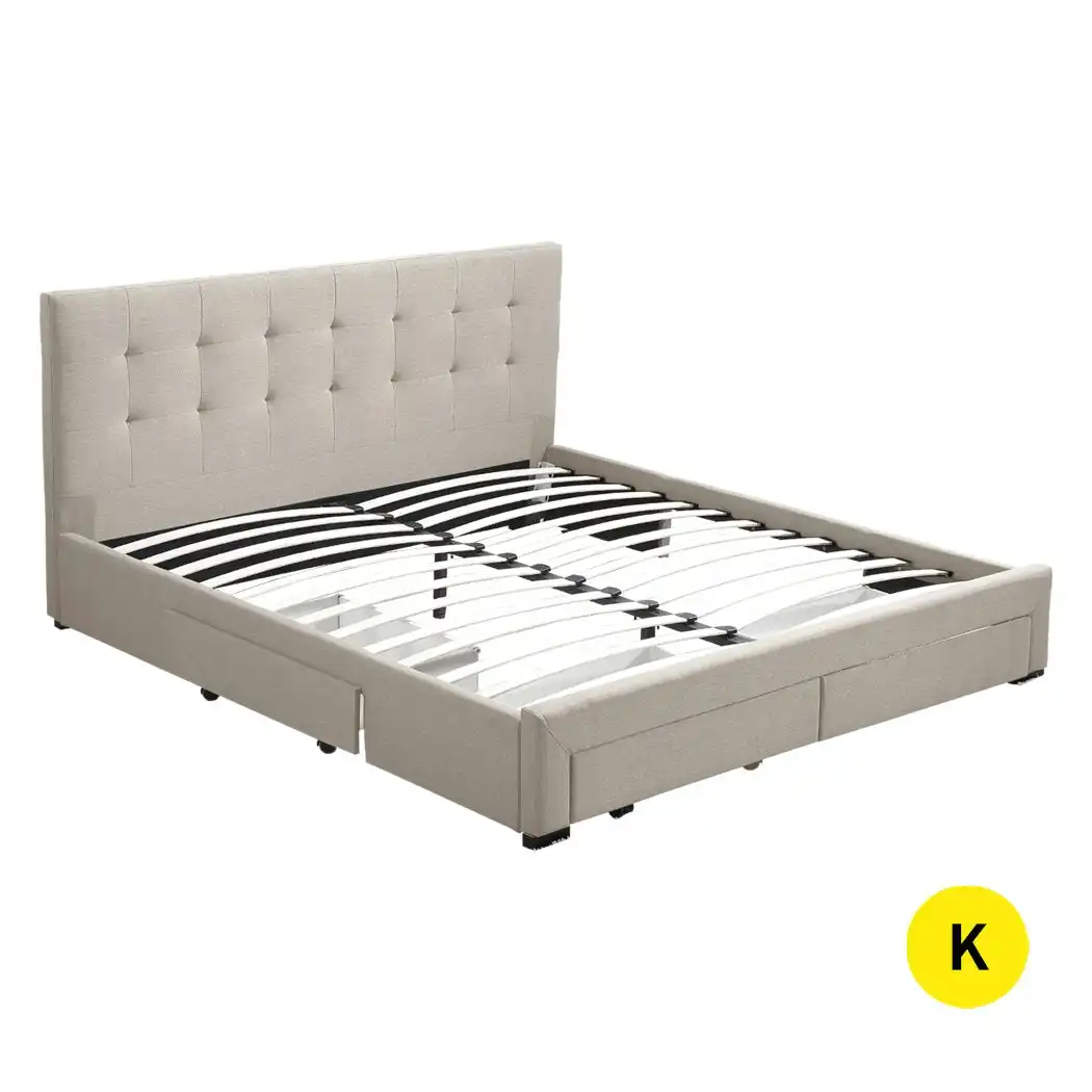 Levede Fabric Bed Frame King 4 Storage Drawers Mattress Base Platform Beige
