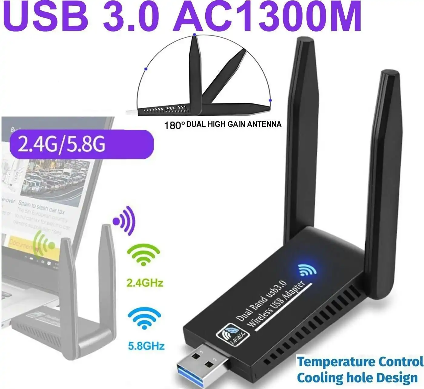 AC1300 USB 3.0 WiFi Wireless Adapter Dongle 802.11ac 5GHz Dual Band 11AC