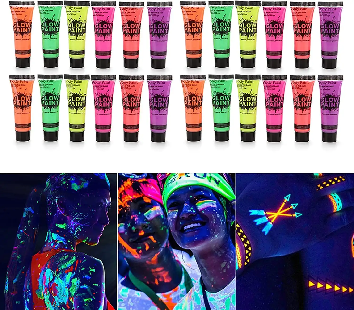 24 Tubes 25ml Art Body Paint Glow inLight Face & Body Paint with 6 Colors Glow Blacklight Neon Fluorescent for Party Clubbing Festival Halloween Makeup
