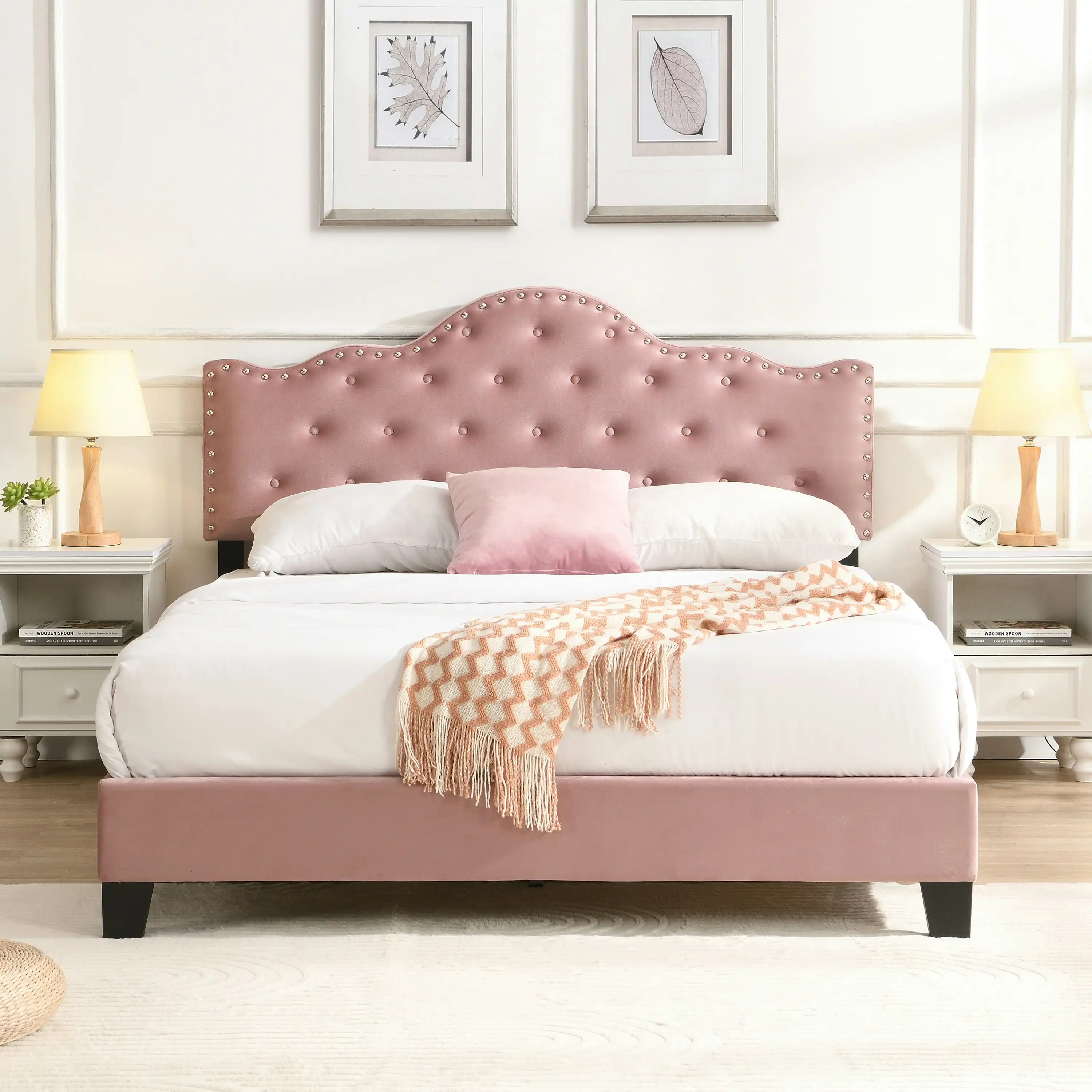IHOMDEC Upholstered Velvet Button Tufted Crown Shape Queen Size Bed Frame Pink BEF05