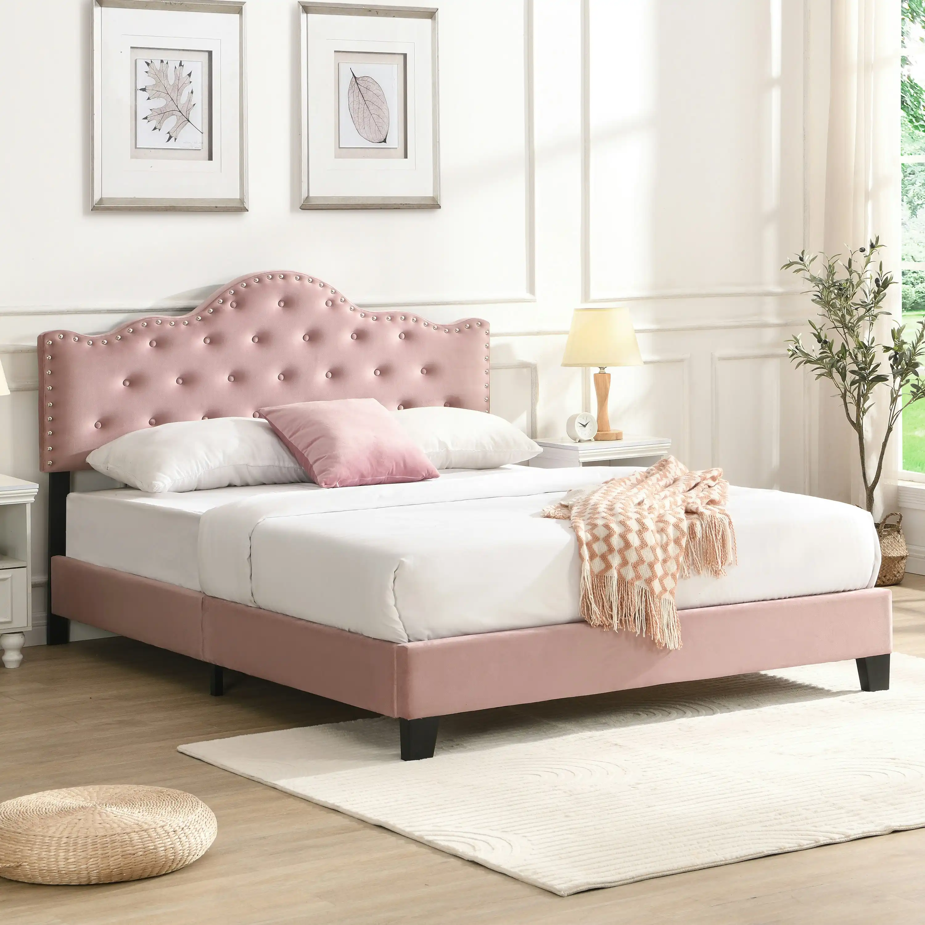 IHOMDEC Upholstered Velvet Button Tufted Crown Shape Double Size Bed Frame Pink BEF05