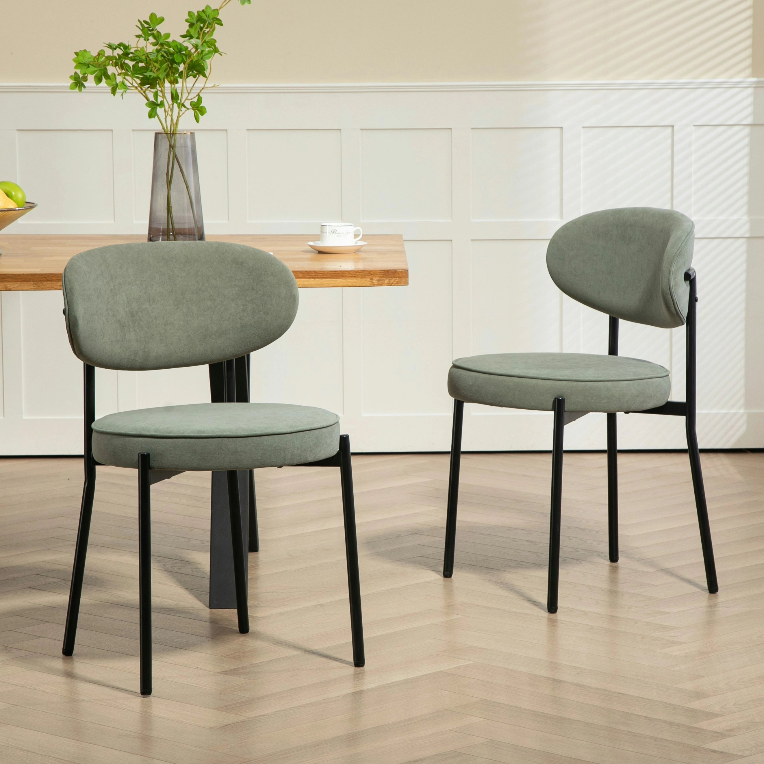 IHOMDEC Mid-Century Round Upholstered Dining Chair with Metal Frame and Legs Set of 2 Green