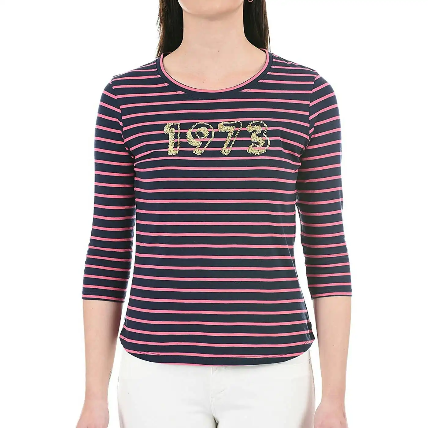Pepe Kids Pepe Jeans Teen Girls 1973 Striped 3/4 Sleeve T-shirt In Navy/pink