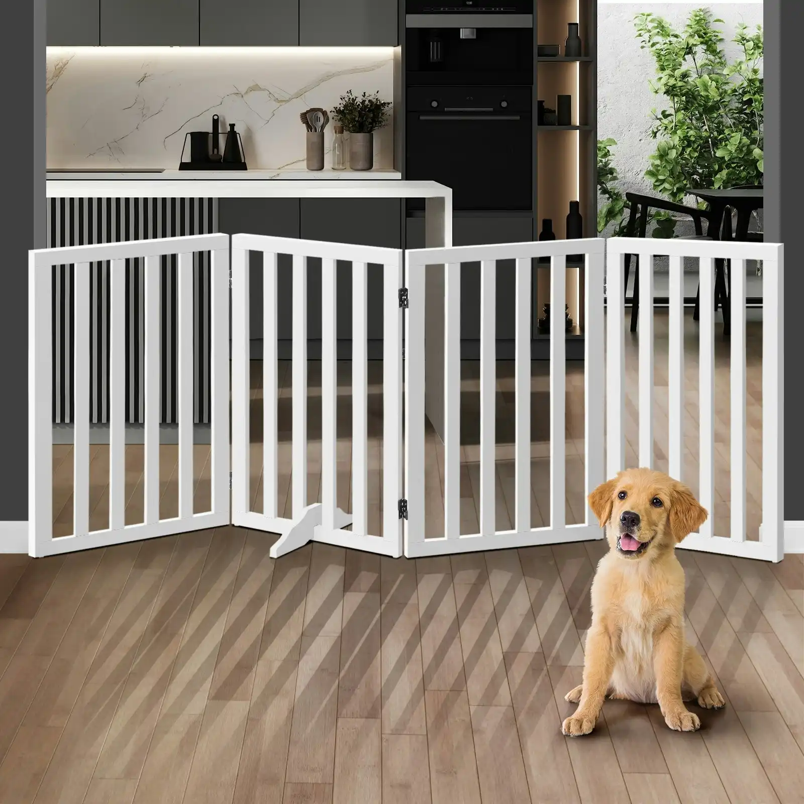Alopet Wooden Pet Gate Dog Fence Safety Stair Barrier Security Door 4-Panel 80cm