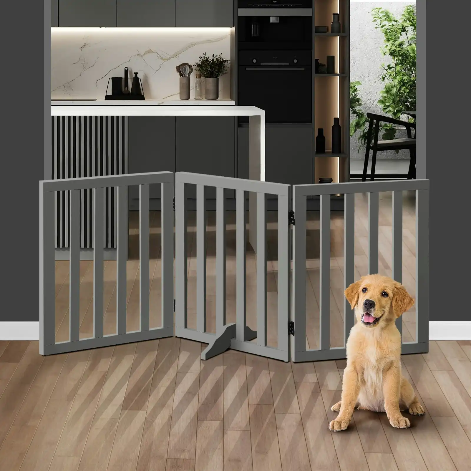 Alopet Wooden Pet Gate Dog Fence Safety Stair Barrier Security Door 3-Panel Grey
