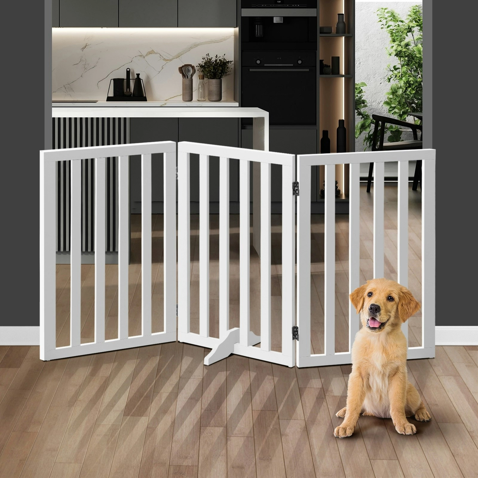 Alopet Wooden Pet Gate Dog Fence 142x80cm 3 Panels Safety Stair Barrier Security Door White