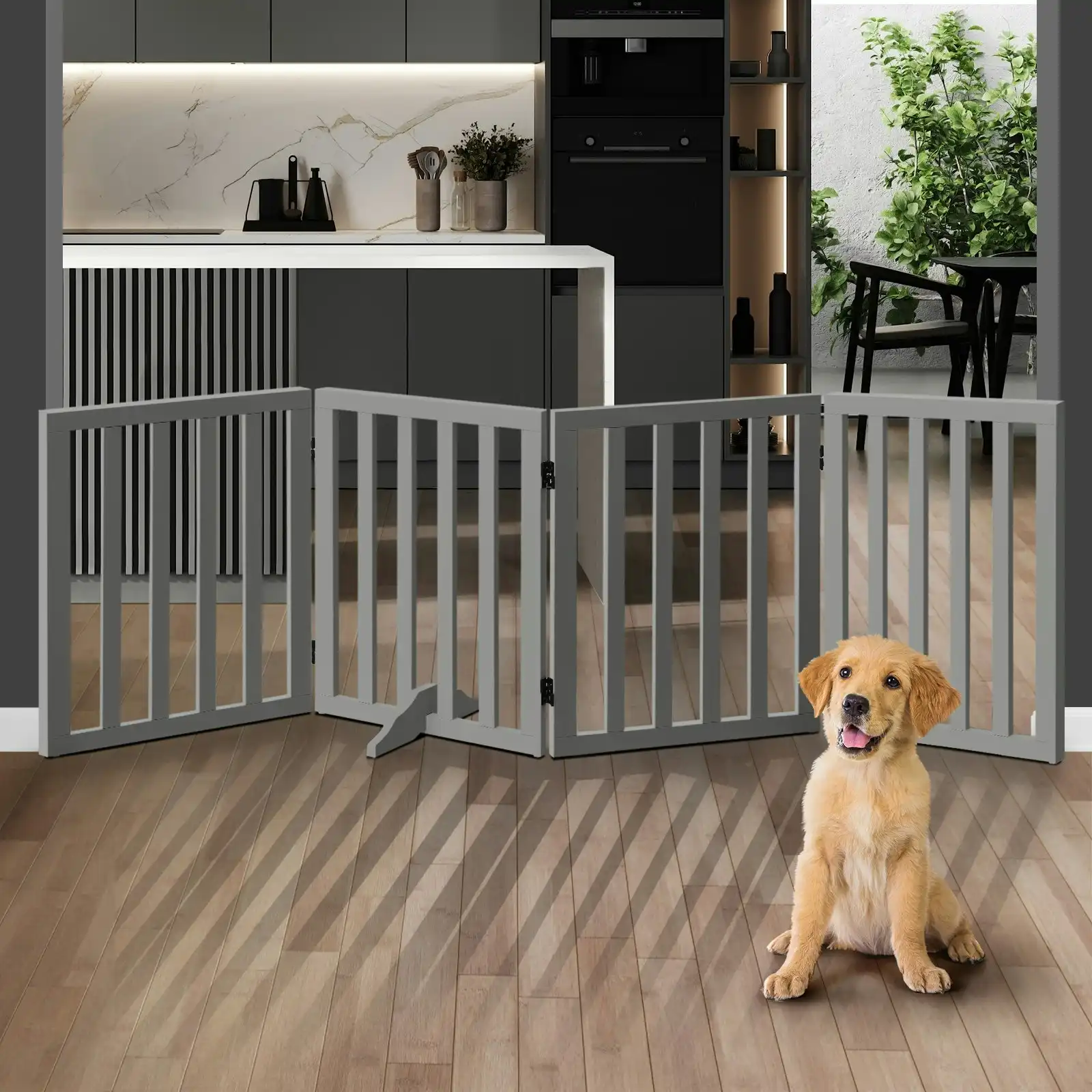 Alopet Wooden Pet Gate Dog Fence Safety Stair Barrier Security Door 4-Panel Grey