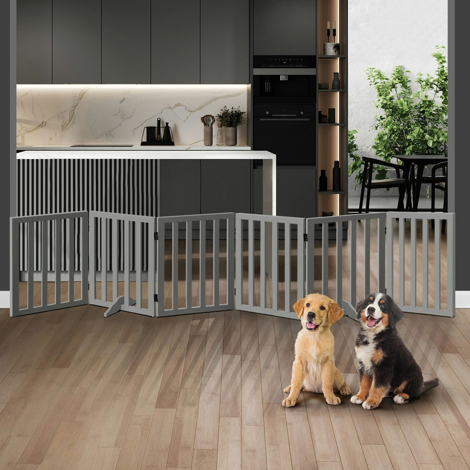 Alopet Wooden Pet Gate Dog Fence 284x60.5cm 6 Panels Safety Stair Barrier Security Door Grey